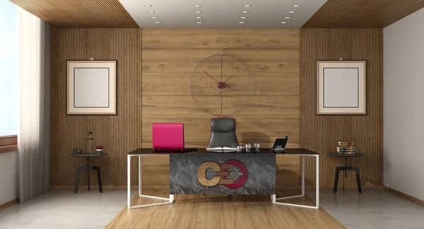 CEO\'s office with wooden panels, large desk,laptopo and office chair - 3d rendering