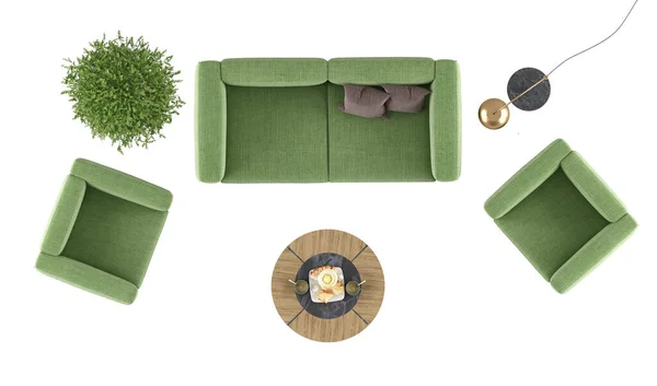 客厅的高角度 绿色沙发和扶手椅与白色背景隔离 3D渲染 — 图库照片