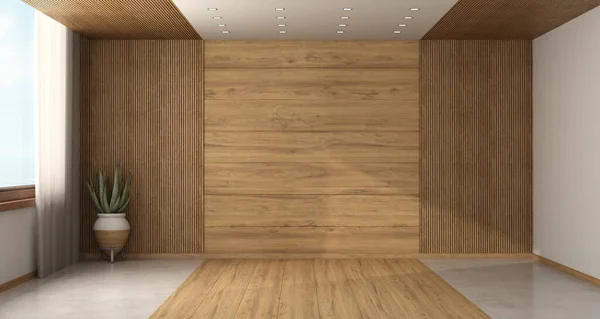 木製パネル 鉢植え 窓付きの空の部屋 3Dレンダリング — ストック写真