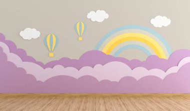 Pastel renklerde arka plan duvarında 3D süslemesi olan boş oyun odası - 3D görüntüleme