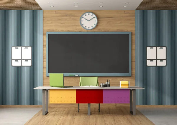 Modern Klaslokaal Zonder Studenten Met Schoolbord Kleurrijk Lerarenbureau Rendering — Stockfoto