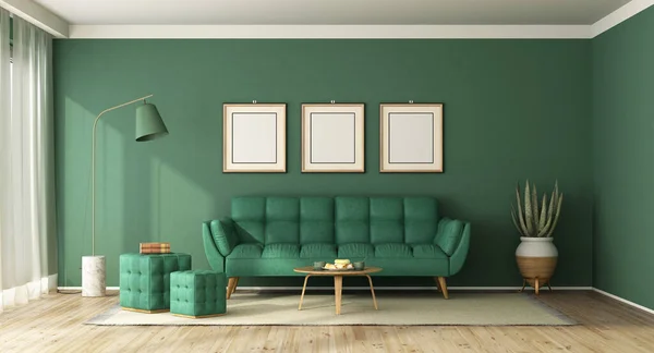 Sala Estar Verde Com Sofá Moda Banquinho Pés Lâmpada Assoalho — Fotografia de Stock