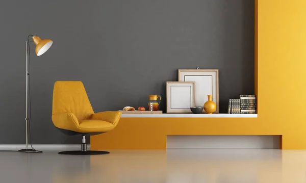 Modernt Grått Och Orange Vardagsrum Med Läderfåtölj Och Golvlampa Rendering — Stockfoto