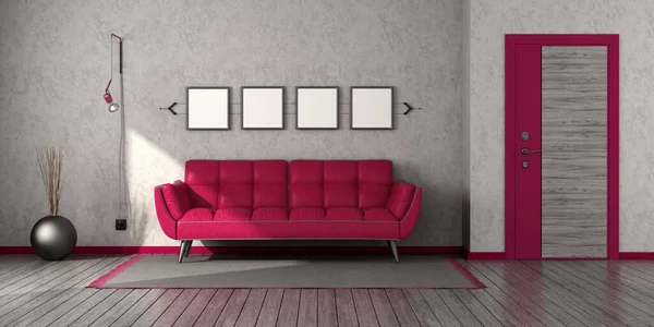 客厅里的Viva洋红色沙发 有前门 壁灯和硬木地板 3D渲染 — 图库照片
