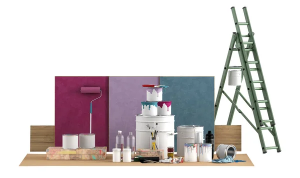 Narzędzia Wyboru Próbki Kolorów Malowania Ścian Zieloną Skalą Wiadrem Farby — Zdjęcie stockowe
