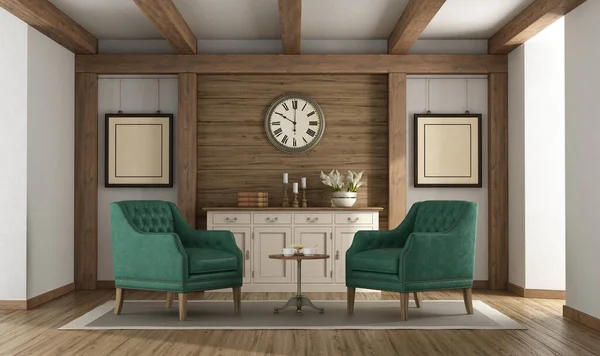 复古风格客厅与木制镶板绿色经典扶手椅和餐具柜 3D渲染 图库图片