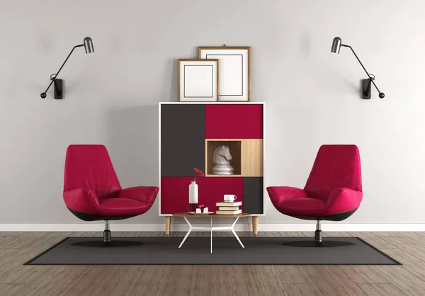 有餐具柜 红色扶手椅和咖啡桌的白色客厅 3D渲染 免版税图库照片