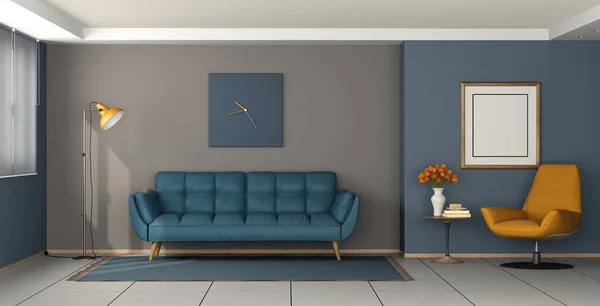 有蓝色沙发 橙色扶手椅 落地灯和咖啡桌的客厅 3D渲染 图库照片
