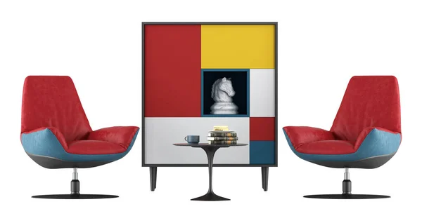蓝色和红色扶手椅和餐具柜隔离在白色背景 3D渲染 图库图片