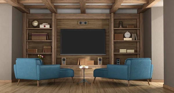复古风格的房间 书架用实木制成 有蓝色的躺椅和平板电视 3D渲染 图库图片