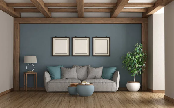 经典风格的客厅 有木制天花板 沙发和住宅平面 3D渲染 图库图片