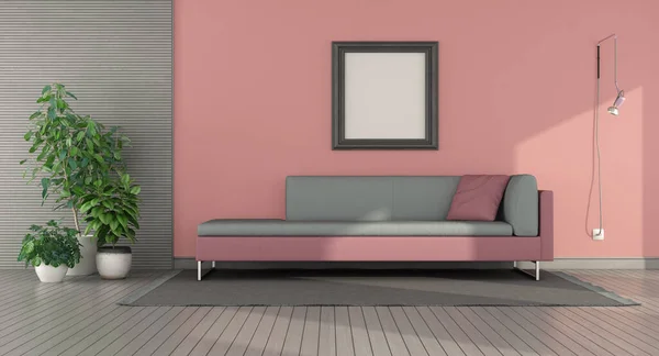 Grijze Roze Moderne Woonkamer Met Bank Kamerplant Rendering Stockafbeelding