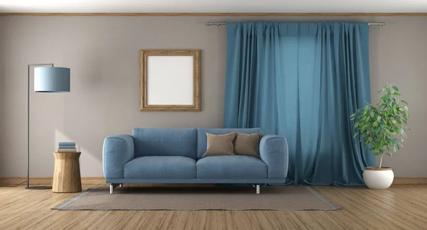 Salón Moderno Con Sofá Azul Frente Una Cortina Renderizado Fotos de stock