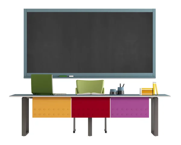 Kleurrijke Leraar Bureau Met Laptop Schoolbord Geïsoleerd Wit Rendering Stockafbeelding