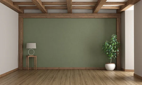 有台灯 室内植物和木制天花板的空绿色房间 3D渲染 图库图片