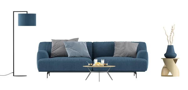 Möbelset Med Blå Soffa Soffbord Och Golvlampa Isolerad Vit Bakgrund — Stockfoto