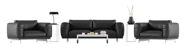 黑色家具 配有皮革沙发和扶手椅 白色背景隔离 3D渲染 — 图库照片