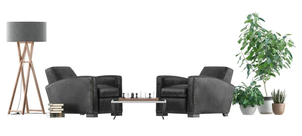 黑色家具 配有皮革复古扶手椅和侧桌 棋盘隔离在白色背景上 3D渲染 — 图库照片