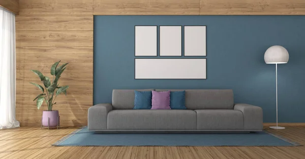 带有蓝色墙壁和木板的大沙发的现代客厅 3D渲染 免版税图库照片