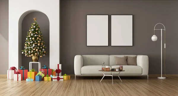 Bílý Hnědý Obývací Pokoj Vánoční Stromeček Dárky Výklenku Moderní Pohovka Stock Fotografie