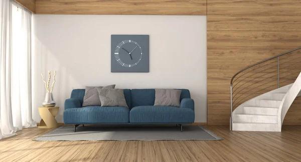 带有蓝色沙发的现代客厅 白色楼梯和木板镶板 3D渲染 免版税图库图片