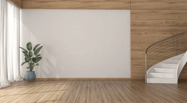 带楼梯和木板的简约白色客厅 3D渲染 免版税图库照片
