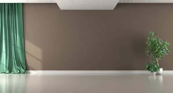 Lege Bruine Kamer Met Groen Gordijn Wit Plafond Met Schijnwerper — Stockfoto
