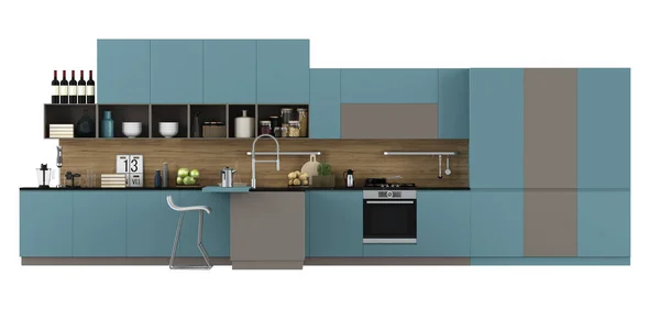 Moderní Modrá Hnědá Kuchyně Izolované Bílém Pozadí Vykreslování — Stock fotografie
