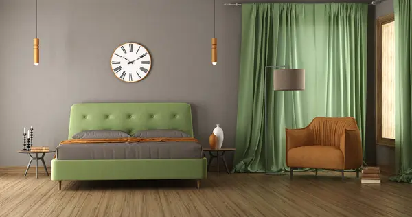 Modern bedroom with green double bed and orange armchair- 3d rendering