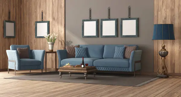 Classic style living room with blue sofa , armchair and wood paneling-3d rendering