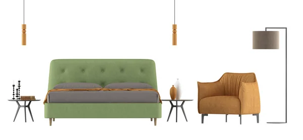 带有绿色双人床和白色背景隔离的橙色扶手椅的卧室 3D渲染 — 图库照片