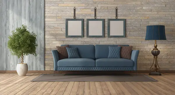 Classic style living room with blue sofa , stone wall and wood paneling