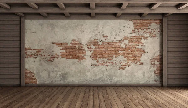 Old empty room with brick wall wooden ceiling and hardwood floor - 3d rendering
