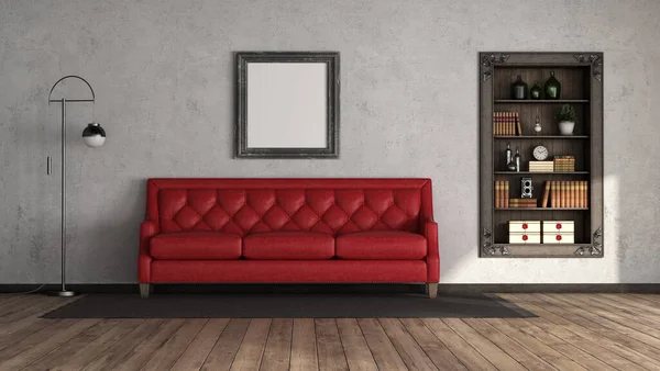 Red leather sofa in an old room with wooden bookcase in a niche - 3d rendering