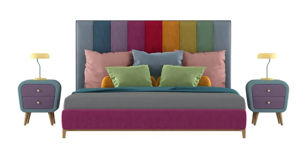 双人床 彩色床头板和床头柜 白色背景隔离 3D渲染 — 图库照片
