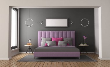 Modern bedroom with purple elegant double bed and gray wall-3d rendering clipart