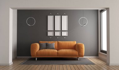 Modern bir oturma odasında, beyaz ve gri duvarları olan turuncu bir kanepe.