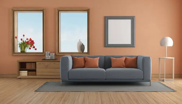 Stylish living room setup with a comfy sofa, framed wall art, and decorative items - 3d rendering