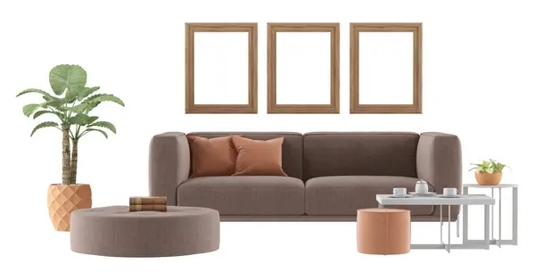 雅致的现代客厅设置 配备舒适的沙发 装饰框架和室内植物 3D渲染 图库图片