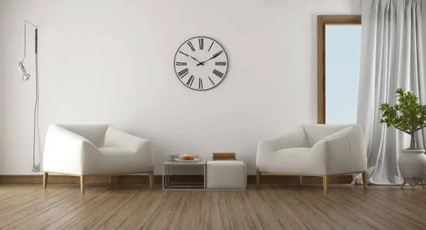 2つの居心地の良い白いアームチェア 壁時計 自然光を備えたスタイリッシュなリビングルーム ストック写真
