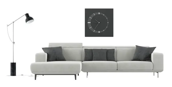 雅致的客厅设置 设有别致的沙发 落地灯和简约的钟墙 3D渲染 图库图片