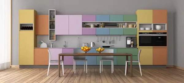 Moderní Kuchyně Pulzující Barvy Skříně Jídelní Stůl Vykreslování Stock Snímky