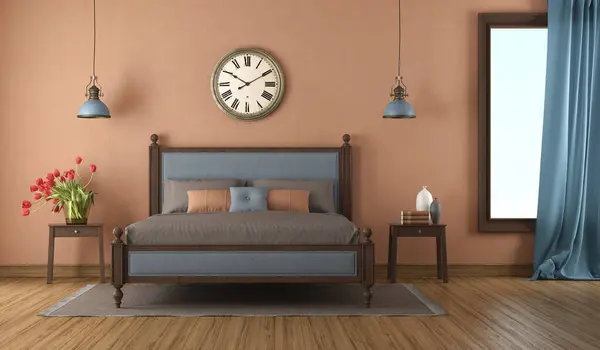 エレガントな装飾 大きなベッド ヴィンテージの壁時計3Dレンダリングを備えたクラシックスタイルのベッドルーム ロイヤリティフリーのストック写真