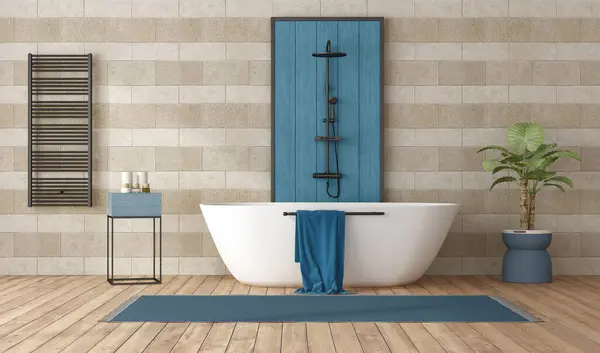 バスタブ シャワー ブルーアクセント3Dレンダリングを備えたエレガントなコンテンポラリーなバスルームデザイン ロイヤリティフリーのストック写真