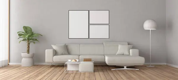 风格别致的简约客厅 有沙发 植物和空的墙壁框架 可供艺术表演3D 免版税图库图片