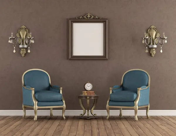 精雕细琢的室内设计 经典扶手椅 装饰灯和空白的模型画框 3D渲染 免版税图库照片