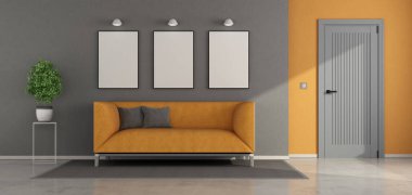Turuncu bir kanepe, sanat eserleri için boş çerçeveler, minimalist dekorlar ve kapalı kapılar içeren şık bir yaşam alanı.