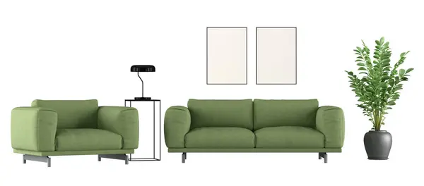 白い背景3Dレンダリングで隔離された装飾要素の優雅な緑のソファーおよびアームチェア ロイヤリティフリーのストック画像