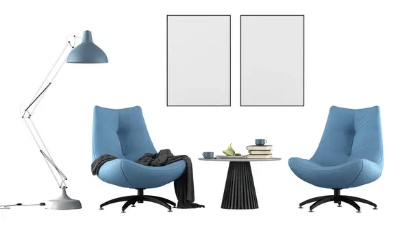 Wohnzimmer Set Mit Zwei Modernen Sesseln Beistelltisch Stehlampe Und Leerem Stockfoto