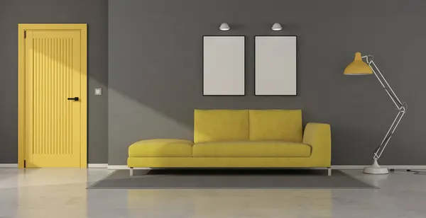 风格别致的生活空间 带有黄色沙发 空白的艺术品框架 简约的装饰和紧闭的门 3D渲染 图库图片